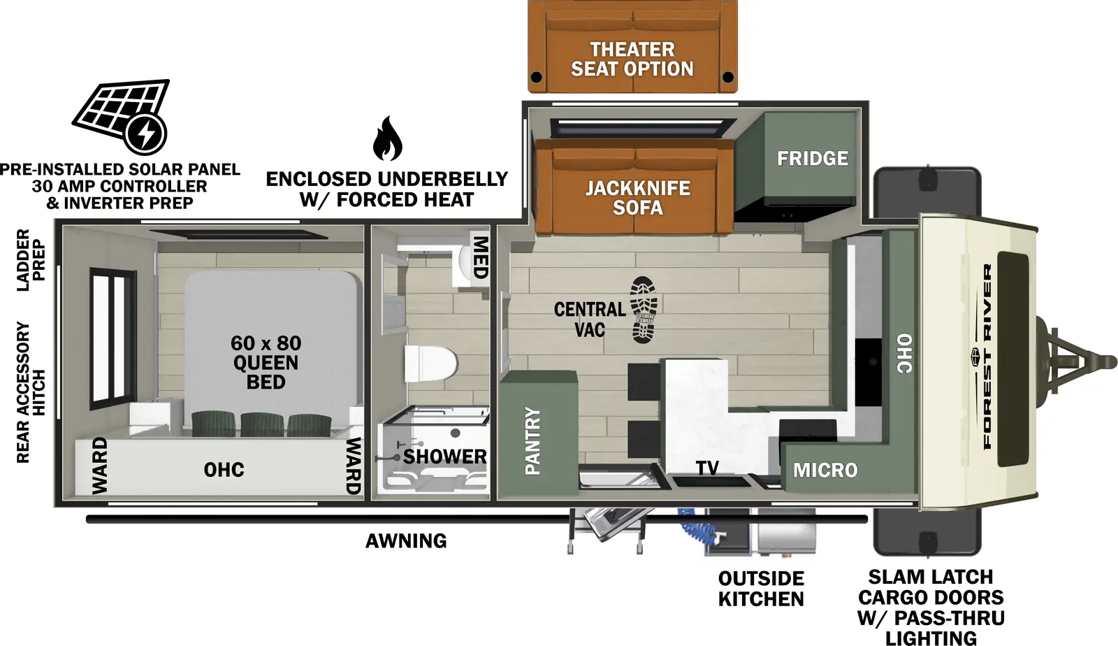 The No Boundaries NB20.5 (Coming Soon) has one entry and one slide out. Exterior features include: fiberglass exterior and outside kitchen. Interiors features include: front kitchen, rear bedroom and pass through bathroom.